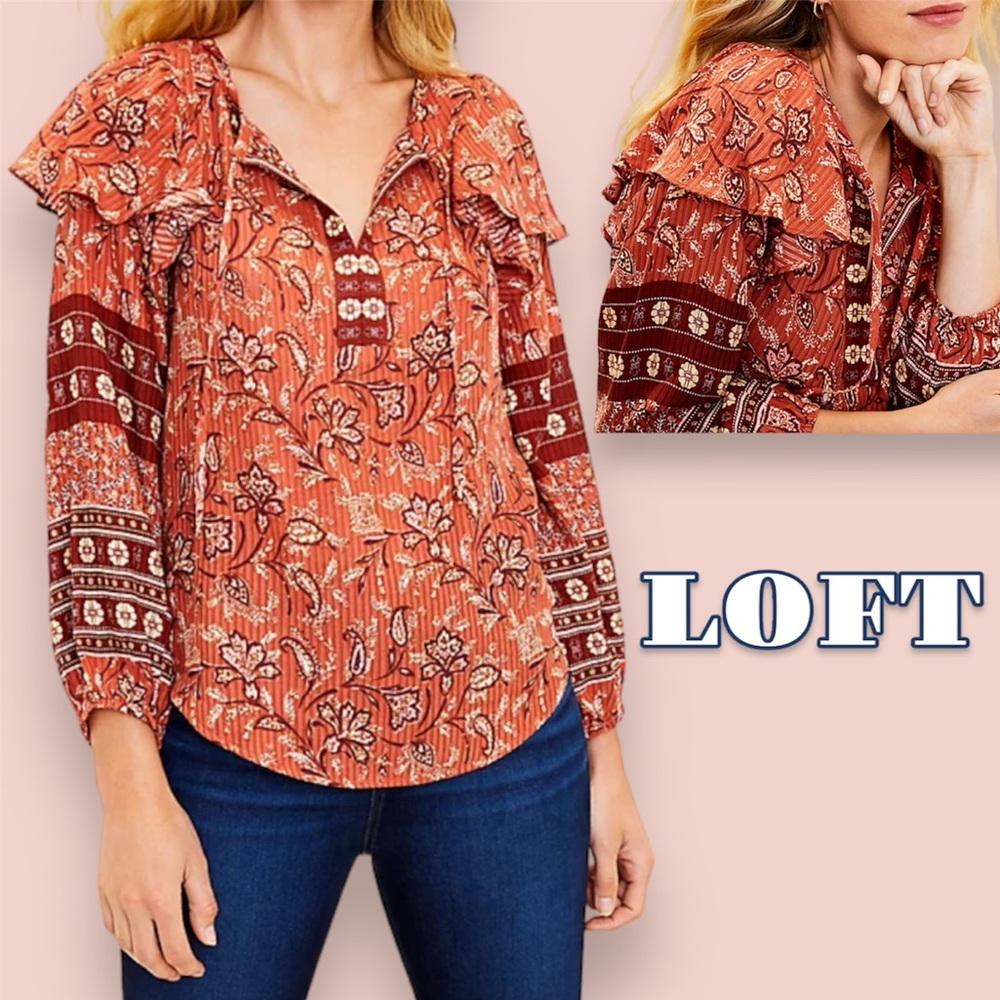 LOFT Bouquet Ruffle Tie Neck Boho Blouse